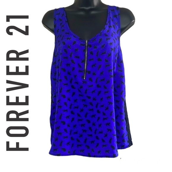 Forever 21 Cat Kitten Print Purple Blue Indigo Lace Back Tank Size M - Picture 1 of 13